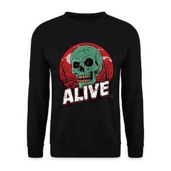 Skull in Hell - Alive, Totenkopf - Unisex Pullover - Schwarz - Vorne - Alina (178cm) & Michal (187cm)