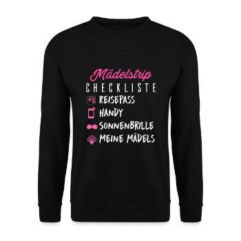 Mädelstrip Checkliste Girls Trip Crew Mädelstour - Unisex Pullover - Schwarz - Vorne - Alina (178cm) & Michal (187cm)