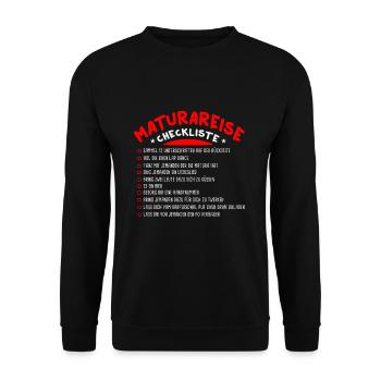 Maturareise Matura Maturafeier Maturant Checkliste - Unisex Pullover - Schwarz - Vorne - Alina (178cm) & Michal (187cm)
