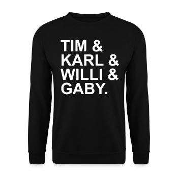 TKKG Namen Tim & Karl & Willi & Gaby Typographie - Unisex Pullover - Schwarz - Vorne - Alina (178cm) & Michal (187cm)