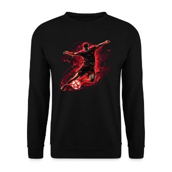 Ein Fußballer in einer dynamischen Aktion mit einem Torschuss. - Unisex Pullover - Schwarz - Vorne - Alina (178cm) & Michal (187cm)