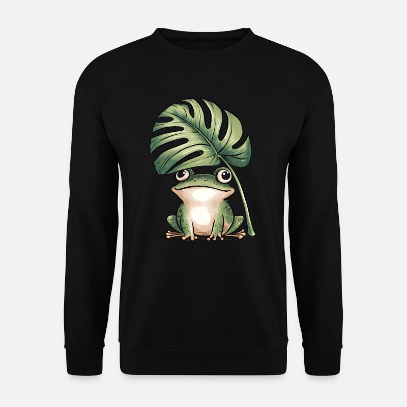Süßer Frosch unter großem Monstera Blatt - Unisex Pullover - Schwarz