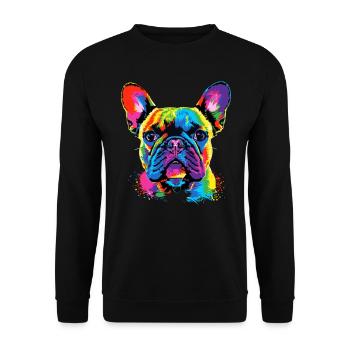 Französische Bulldogge Bunte Farben Pop Art Dogge - Unisex Pullover - Schwarz - Vorne - Alina (178cm) & Michal (187cm)