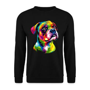 Deutscher Boxer Popart Regenbogen Bunter Boxer - Unisex Pullover - Schwarz - Vorne - Alina (178cm) & Michal (187cm)