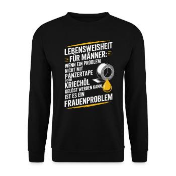 Lebensweisheit für Männer Werkstatt JGA Handwerker - Unisex Pullover - Schwarz - Vorne - Alina (178cm) & Michal (187cm)