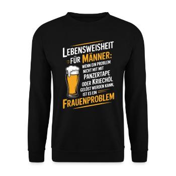 Lebensweisheit für Männer Werkstatt JGA Handwerker - Unisex Pullover - Schwarz - Vorne - Alina (178cm) & Michal (187cm)