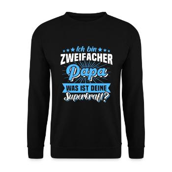 Zweifacher Papa Superkraft Vater Vatertag - Unisex Pullover - Schwarz - Vorne - Alina (178cm) & Michal (187cm)