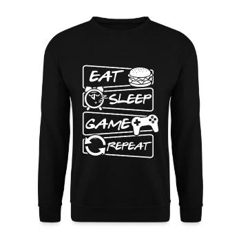 Eat Sleep Game Repeat - Gamer - Unisex Pullover - Schwarz - Vorne - Alina (178cm) & Michal (187cm)