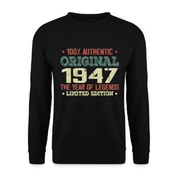 Legende seit 1947. Geboren 1947 – 77. Geburtstag - Unisex Pullover - Schwarz - Vorne - Alina (178cm) & Michal (187cm)