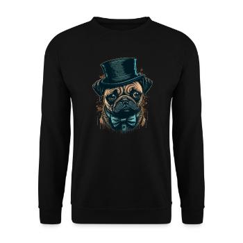 Kleiner Mops mit großem Hut - Unisex Pullover - Schwarz - Vorne - Alina (178cm) & Michal (187cm)