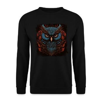 Kunstvolle Eule - Unisex Pullover - Schwarz - Vorne - Alina (178cm) & Michal (187cm)