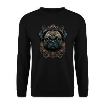 Kleiner Mops mit Ornamenten - Unisex Pullover - Schwarz - Vorne - Alina (178cm) & Michal (187cm)