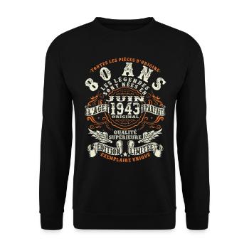 80 ans - juin 1943 - anniversaire 1943 - Sweat-shirt Unisexe - noir - Devant - Alina (178cm) & Michal (187cm)