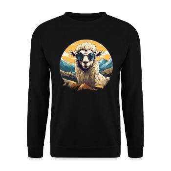 Ein Schaf mit Sonnenbrille in den Bergen - Unisex Pullover - Schwarz - Vorne - Alina (178cm) & Michal (187cm)