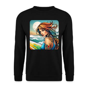 Süßes Surfer Girl am Strand mit Sonnenuntergang - Unisex Pullover - Schwarz - Vorne - Alina (178cm) & Michal (187cm)