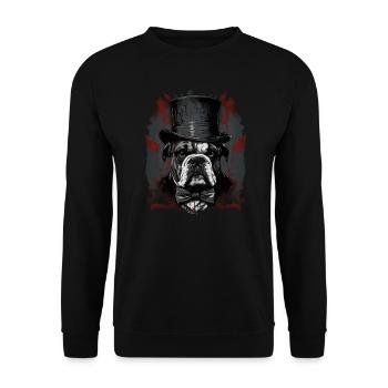 Mürrische Englische Bulldogge mit Zylinderhut - Unisex Pullover - Schwarz - Vorne - Alina (178cm) & Michal (187cm)
