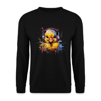 Küken hört Musik mit Kopfhörern - Unisex Pullover - Schwarz - Vorne - Alina (178cm) & Michal (187cm)