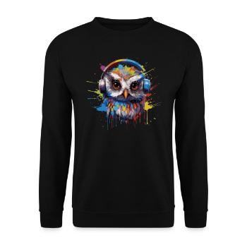 Lustige Eule hört Musik über Kopfhörer - Unisex Pullover - Schwarz - Vorne - Alina (178cm) & Michal (187cm)