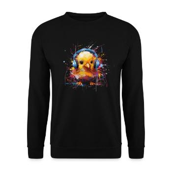 Küken hört Musik mit Kopfhörern - Unisex Pullover - Schwarz - Vorne - Alina (178cm) & Michal (187cm)