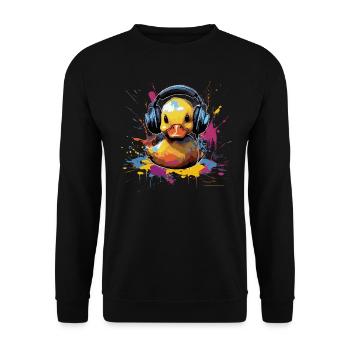 Gummiente hört Musik mit Kopfhörern - Unisex Pullover - Schwarz - Vorne - Alina (178cm) & Michal (187cm)