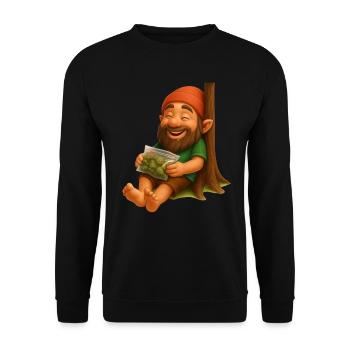 Zwerg an Baumstamm lehnend mit Weedbeutel - Unisex Pullover - Schwarz - Vorne - Alina (178cm) & Michal (187cm)