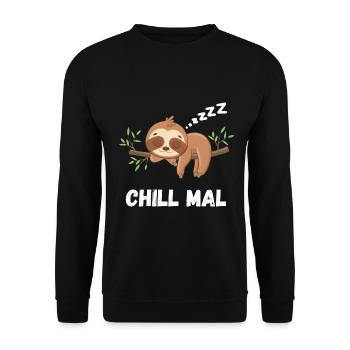 Chill Mal - Lustiges Faultier Geschenk - Unisex Pullover - Schwarz - Vorne - Alina (178cm) & Michal (187cm)