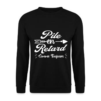 Pile En Retard Cadeau "Comme Toujours" - Sweat-shirt Unisexe - noir - Devant - Alina (178cm) & Michal (187cm)
