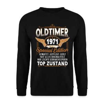 Oldtimer Baujahr 1971 Jahrgang Geburtstag Geschenk - Unisex Pullover - Schwarz - Vorne - Alina (178cm) & Michal (187cm)