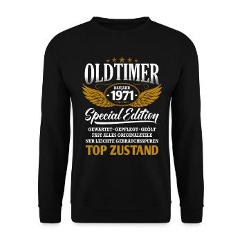 Oldtimer Baujahr 1971 Jahrgang Geburtstag Geschenk - Unisex Pullover - Schwarz - Vorne - Alina (178cm) & Michal (187cm)