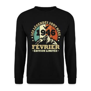 Les légendes sont nées en Février 1946 Vintage - Sweat-shirt Unisexe - noir - Devant - Alina (178cm) & Michal (187cm)