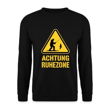 Achtung Ruhezone – Angler bei der Arbeit - Unisex Pullover - Schwarz - Vorne - Alina (178cm) & Michal (187cm)