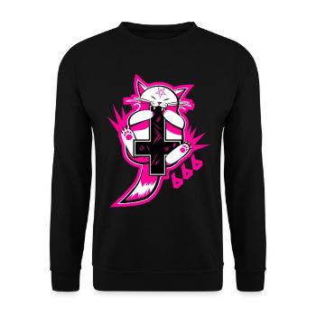 Catan | Satanische Katze mit Kreuz | 666 - Unisex Pullover - Schwarz - Vorne - Alina (178cm) & Michal (187cm)