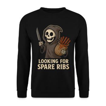 Halloween Skelett looking for Spare Ribs Shirt Fun - Unisex Pullover - Schwarz - Vorne - Alina (178cm) & Michal (187cm)
