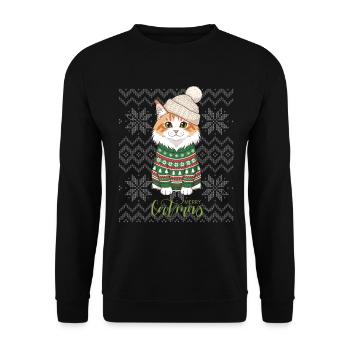 Katzenweihnachten im grünen und beigefarbenen Pullover - Unisex Pullover - Schwarz - Vorne - Alina (178cm) & Michal (187cm)