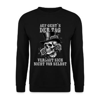 Auf Gehts - Der Tag versaut sich nicht von selb - Unisex Pullover - Schwarz - Vorne - Alina (178cm) & Michal (187cm)