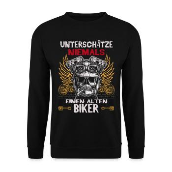 Unterschatze niemals einen alten Biker - Unisex Pullover - Schwarz - Vorne - Alina (178cm) & Michal (187cm)