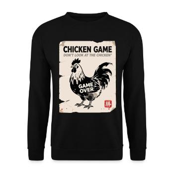 Hühnerspiel: Schau nicht auf das Huhn - Unisex Pullover - Schwarz - Vorne - Alina (178cm) & Michal (187cm)