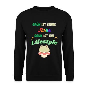 Grün ist Lifestyle – bunte Typo & Frosch - Unisex Pullover - Schwarz - Vorne - Alina (178cm) & Michal (187cm)