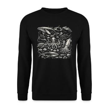 Vintage Ocean: Meerestier-Gravur - Unisex Pullover - Schwarz - Vorne - Alina (178cm) & Michal (187cm)