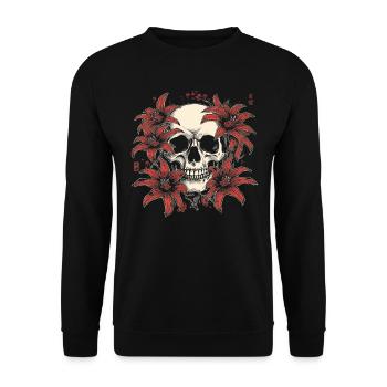 Roter Lilien-Schädel Blüte - Unisex Pullover - Schwarz - Vorne - Alina (178cm) & Michal (187cm)