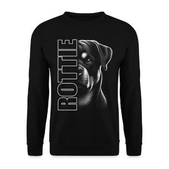 Rottweiler Porträt mit ROTTIE Schriftzug - Unisex Pullover - Schwarz - Vorne - Alina (178cm) & Michal (187cm)