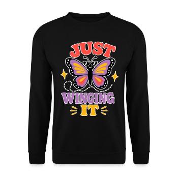 Just Winging It – Funny Butterfly - Unisex Sweatshirt - black - Front - Alina (178cm) & Michal (187cm)