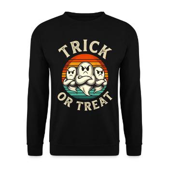 Trick or Treat – Lustiges Retro Halloween Geister  - Unisex Pullover - Schwarz - Vorne - Alina (178cm) & Michal (187cm)