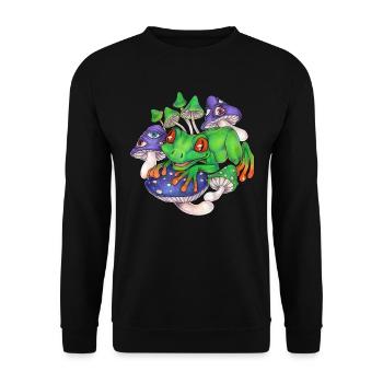 Cooler Frosch mit Pilzen Wahninn und Surreal - Unisex Pullover - Schwarz - Vorne - Alina (178cm) & Michal (187cm)