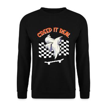 CREEP IT REAL Halloween Dabbing Ghost - Unisex Pullover - Schwarz - Vorne - Alina (178cm) & Michal (187cm)