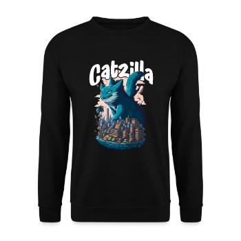 Catzilla Unleashed Funny Cartoon-Style Feline - Unisex Pullover - Schwarz - Vorne - Alina (178cm) & Michal (187cm)