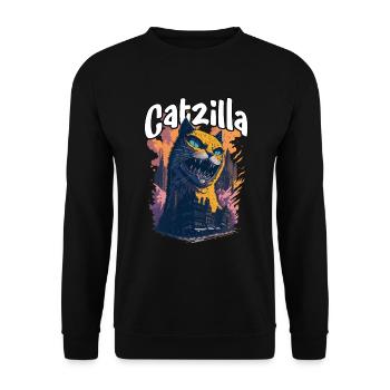 Catzilla Unleashed Funny Cartoon-Style Feline - Unisex Pullover - Schwarz - Vorne - Alina (178cm) & Michal (187cm)