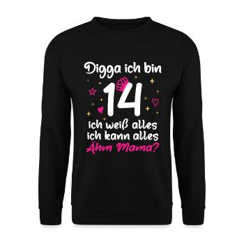 14. Geburtstag Mädchen Digga ich bin 14 - Unisex Pullover - Schwarz - Vorne - Alina (178cm) & Michal (187cm)