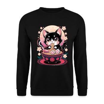 Kawaii Katze Ramen Nudeln Anime Katze - Unisex Pullover - Schwarz - Vorne - Alina (178cm) & Michal (187cm)