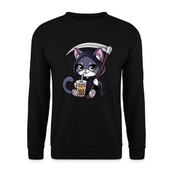Sensenmann Katze Anime Katze Bubble Tea - Unisex Pullover - Schwarz - Vorne - Alina (178cm) & Michal (187cm)